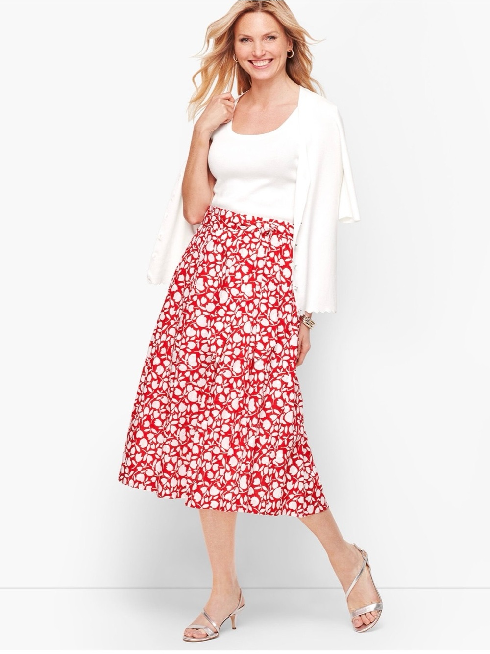 Talbots Pleated Midi Floral Red Skirt Size 8
